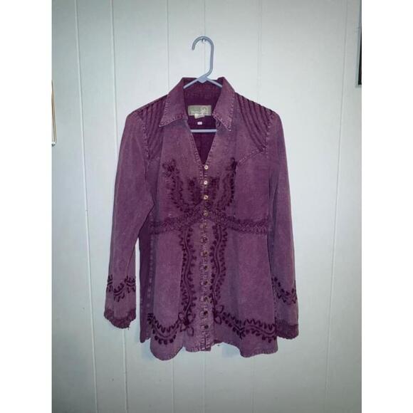 Inca Cottons Artsy Shirt Purple Embroidered Button Up Layering Fall Lacey Size L - Picture 3 of 8